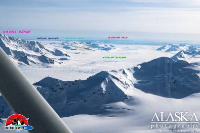 Down Steller Glacier at Khitrov Hills, Waxell Ridge, Bering Glacier, Grindle Hills, and Suckling Hills.