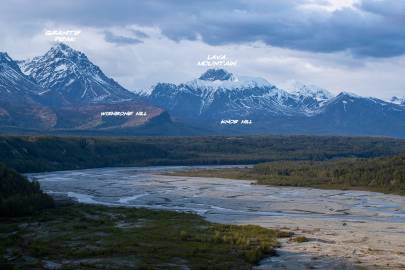 Looking up at Granite Peak and Lava Mountain from above the Matanuska River.