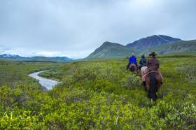 Wrangell Outfitters leads a group along Beaver Creek towards Lower Mountain.