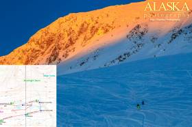 A couple snowboarders on Moonlight Basin, Thompson Pass, Valdez.