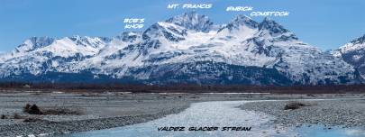 Looking up at Mount Francis and other peaks from Valdez Glacier Stream.