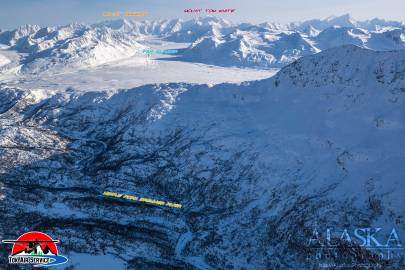 Mt. Tom White, Mt. Hawkins, Fan Glacier, from above the Middle Fork of Bremner River.