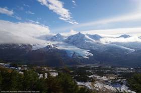 Landscape view of an un-named glacier off the Sargent Icefield, directly across from Wolverine Glacier, above the Nellie Juan River, in Alaska. Taken during a visit to a wolverine glacier field site as part of a study to examine how alpine areas are changing as temperatures rise in Alaska. Photo by Jeremy Littell, USGS Alaska Climate Science Center. Public domain.