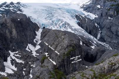 Rock climbing crags The Sunny Side and Republic of Boulder in front of Worthington Glacier.