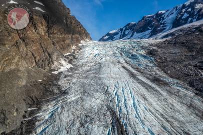 The  southeast fork of the Tsina Glacier as it climbs to the southeast by what used to be Trap Lake.