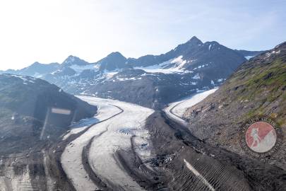 Looking up Tsina Glaciers main fork and northern fork (right side).