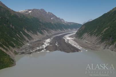 Looking up over Valdez Glacier Lake at Valdez Glacier.