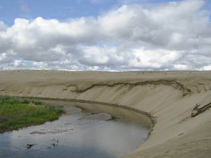 Ahnewetut Creek carves out a curve in the wind-blown dunes in Kobuk Valley National Park. Shallow stream at the base of a curved sand dune. Image rights: public domain; NPS.