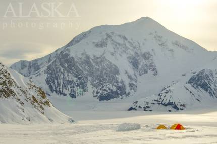 Looking out from base camp along the Southeast Fork Kahiltna Glacier, across the Kahiltna Glacier, at Mount Foraker.