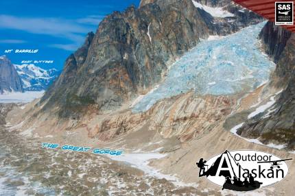 At the head of the Ruth Glacier, near Glacier Point, looking up The Great Gorge, with Mount Barrille and the East Buttress in the background. 